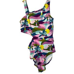 Garnet‎ Hill Girls One Piece Swimsuit 10 Palm Print Multicolor Tropical Vacation